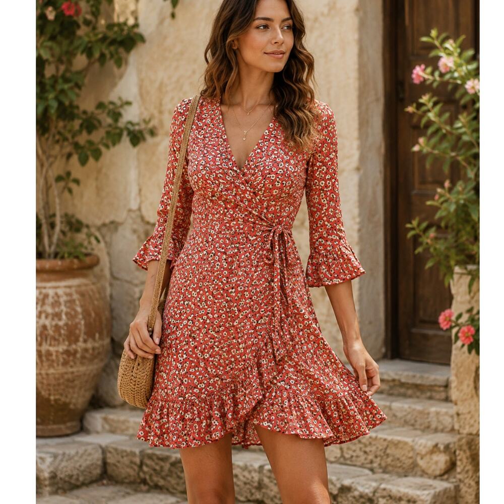 Faithfull The Brand Carmel Mini Wrap Dress Size 2 Floral Boho Floral Ruffles